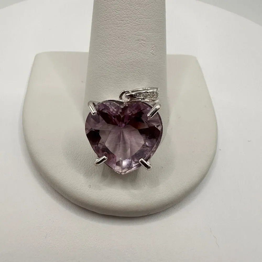 10.2ct genuine Brazilian rose quartz, heart shaped pendant with cz accents, .925